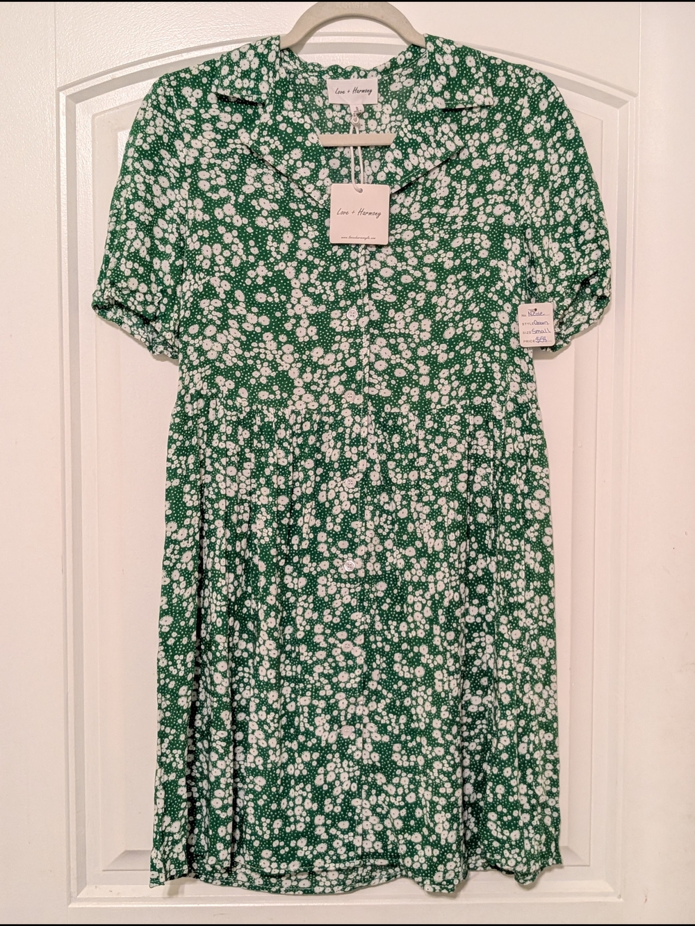 Love + Harmony Green and White Floral Patterned Short Sleeve Collared Mini Dress